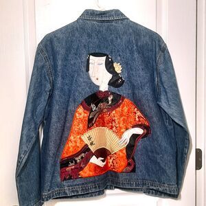 Chicos Jean Jacket Womens 2 Denim unique patchwork Asian Geisha Embroidered Art